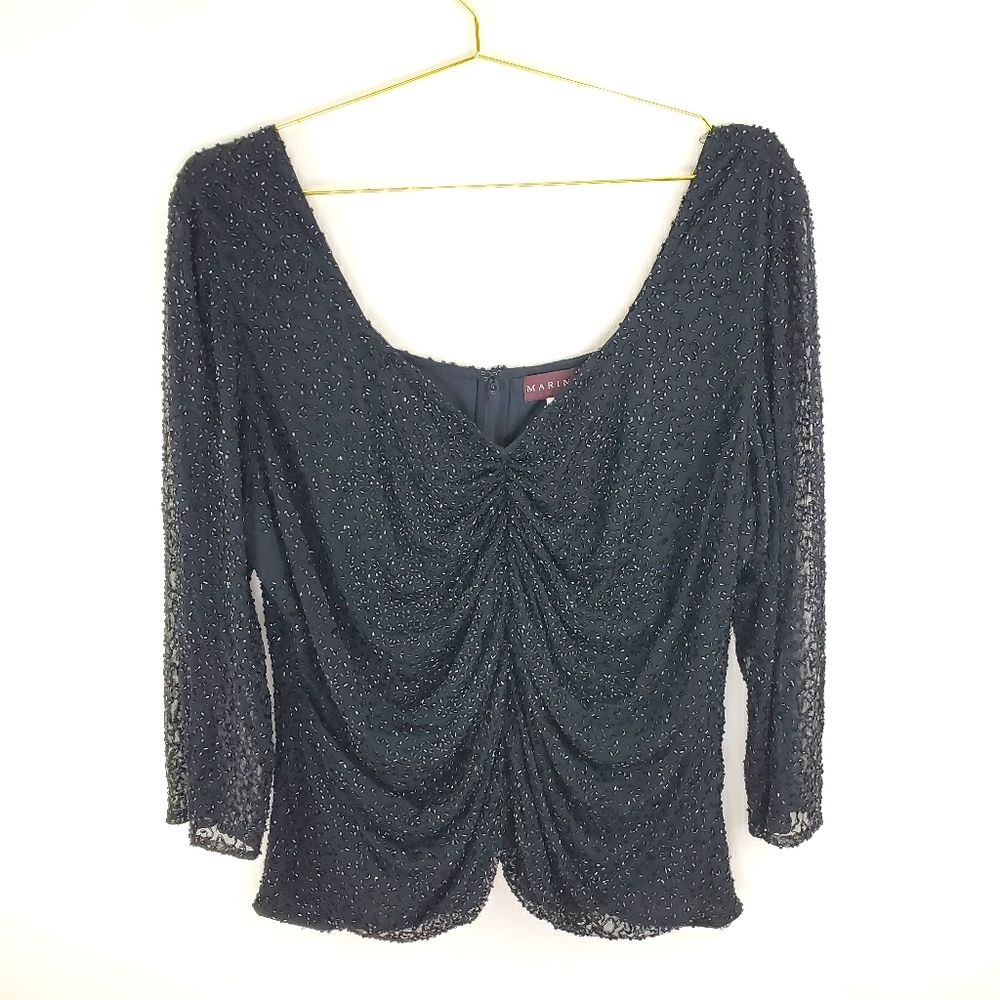 Marina Black Beaded Ruched 3/4 Sleeve Evening Top